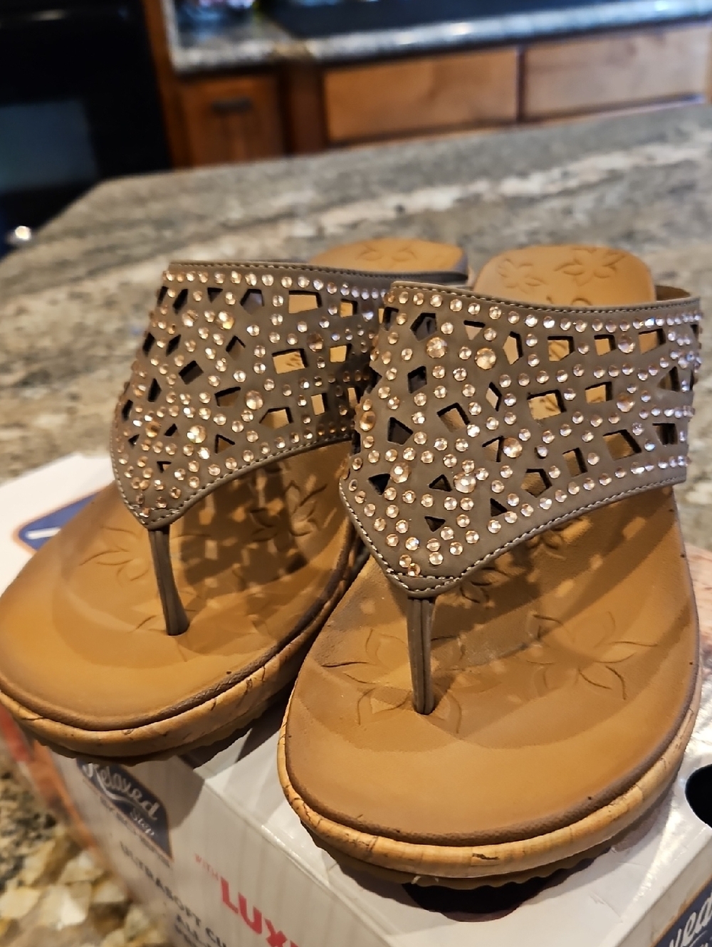 Skechers Taupe Jeweled Thong Sandals